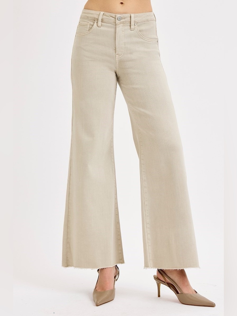 PW21019X ALMOND PLUS Risen Tummy Control High Rise Wide Leg Palazzo Jeans